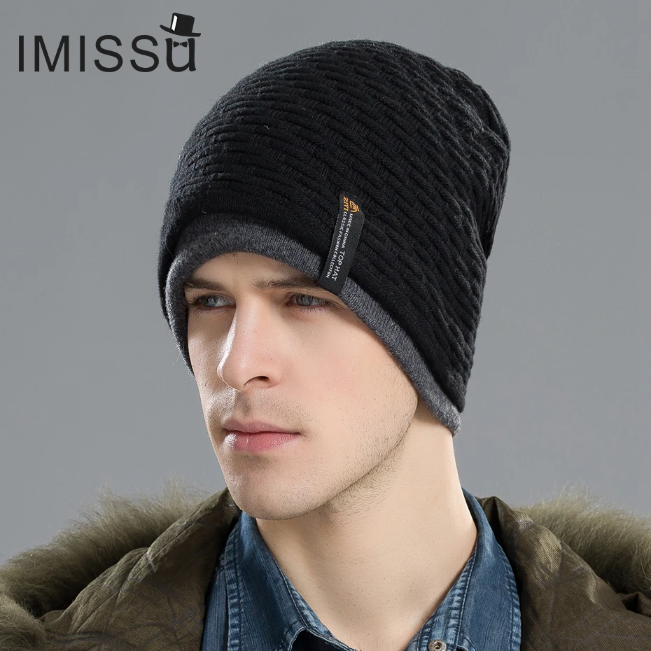 IMISSU Men s Winter Hat Knitted Wool Beanie Skullies Fashion Casual Caps Solid Colors Ski Gorros