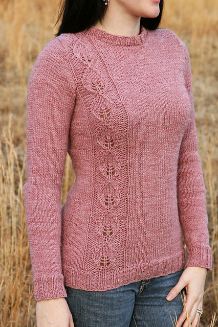 Free knitting pattern for pullover sweater with leaf lace Waiting for Spring and more pullover knitting patterns