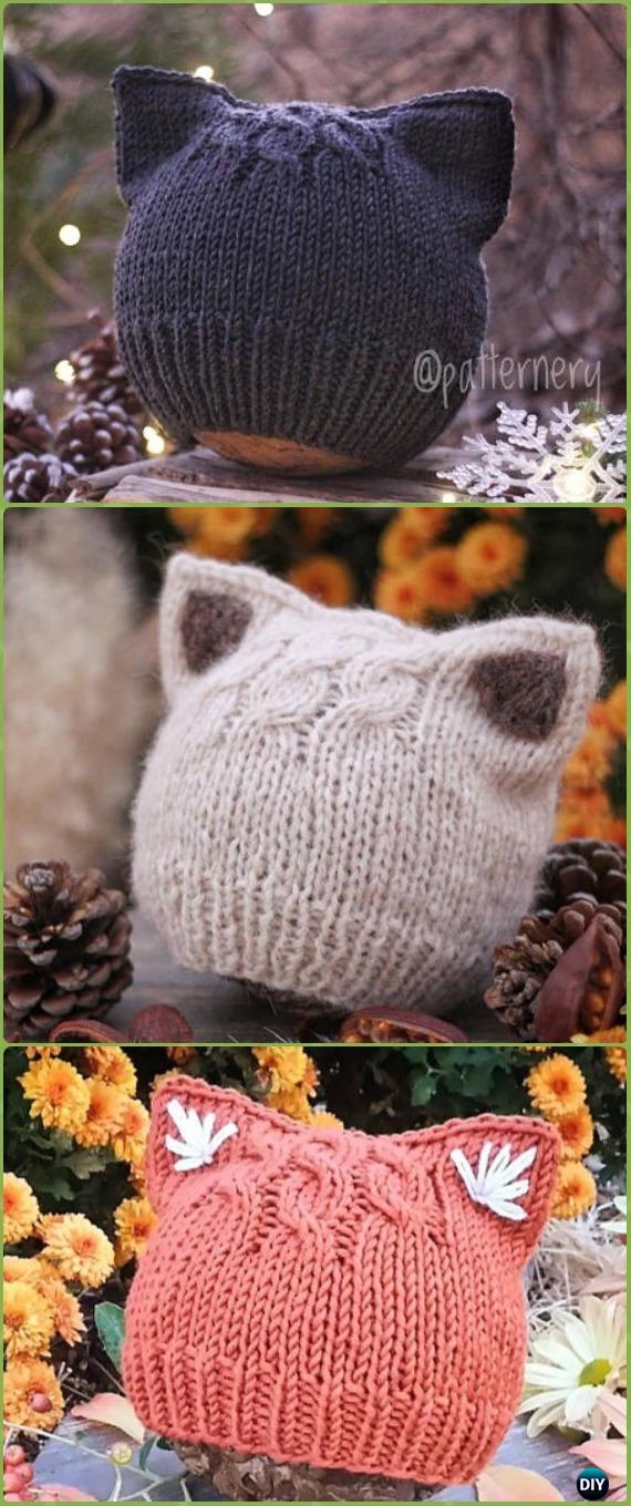 Knit Simple Kitten or Fox Ears Beanie Paid Pattern - Fun Kitty Cat Hat Knitting Patterns