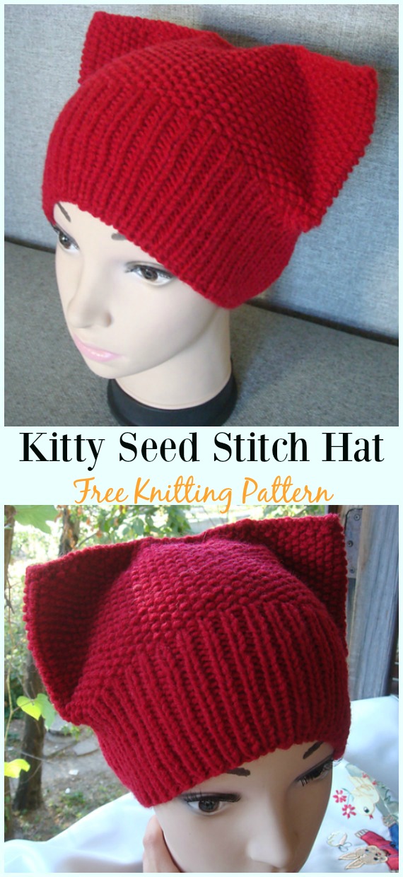 Kitty Seed Stitch Hat Knitting Free Pattern - Fun Kitty #Cat; #Hat; Free #Knitting; Patterns