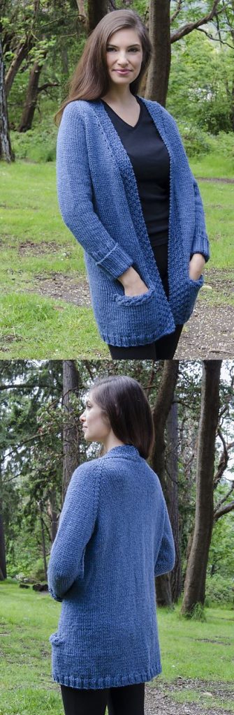 Free knitting pattern for a raglan cardigan with pockets